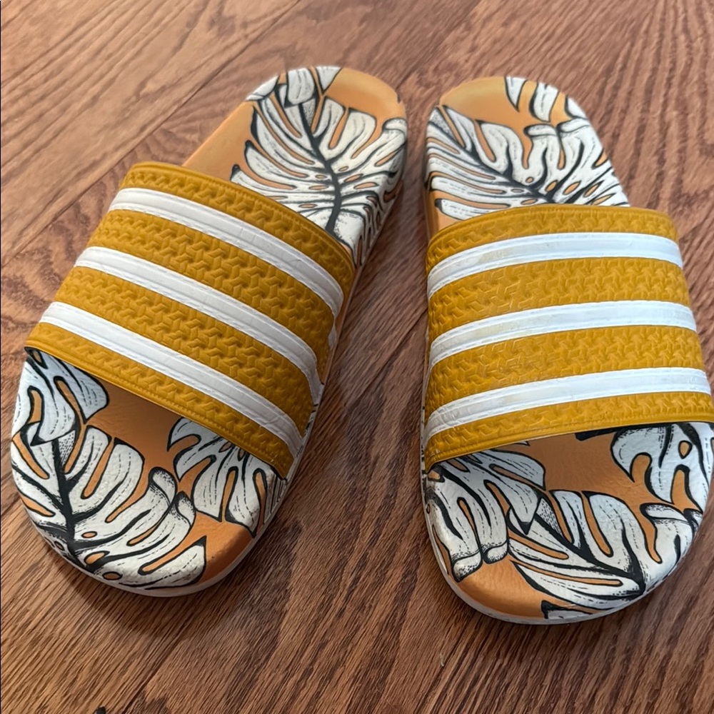 Adidas Yellow and White Slide Sandals with Leaf Design